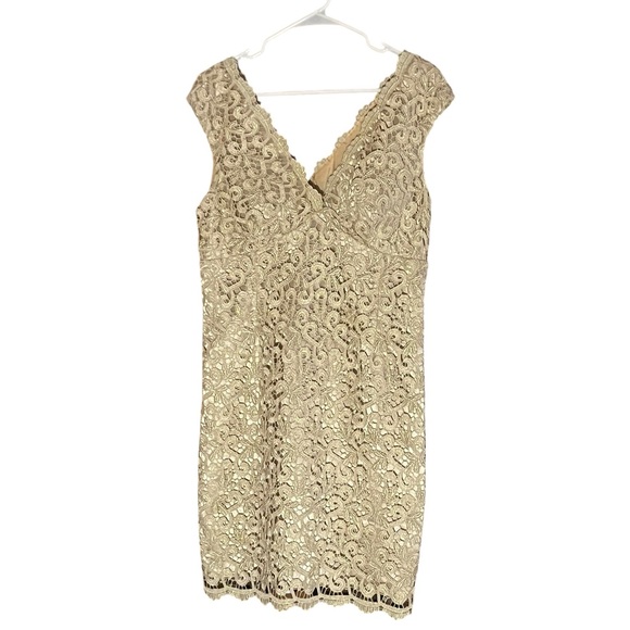 MARINA GOLD LACE SLEEVELESS MIDI COCKTAIL PARTY DRESS GREAT COND (14) - Picture 1 of 7